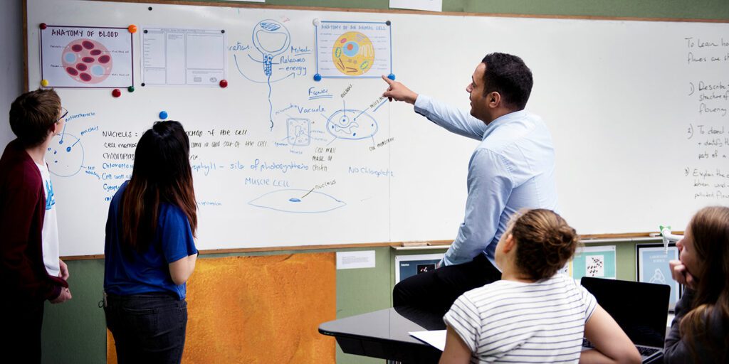 High school teacher pointing to science lesson on white board with a group of students.